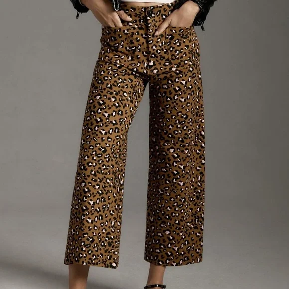 NWT Anthropologie Colette Ponte Crop Wide-Leg Pants in Olive Leopard Print - Picture 1 of 5